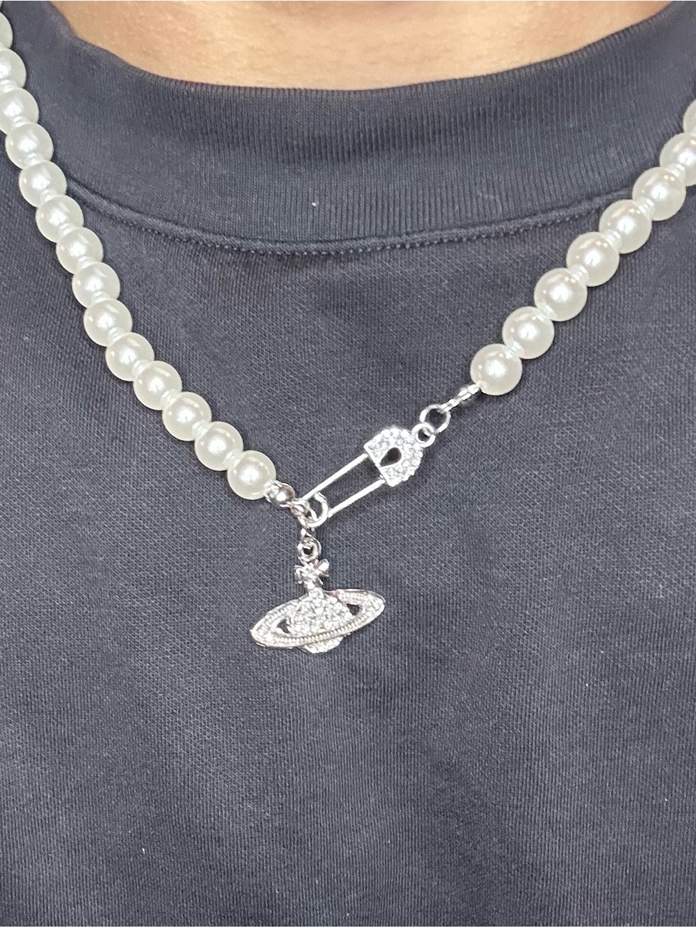 Pearl Beaded Necklace with Planet Charm - White